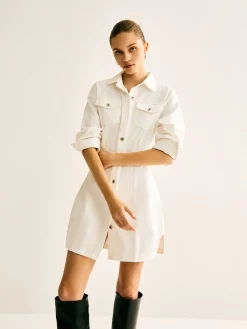 Sale Cotton Breasted Cinched Dress White Dresses|Casual Dresses