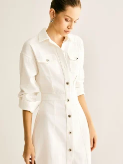 Sale Cotton Breasted Cinched Dress White Dresses|Casual Dresses