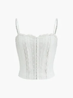 Cotton Button-Front Lace Trim Cami Top Tank Tops & Camis|Tops