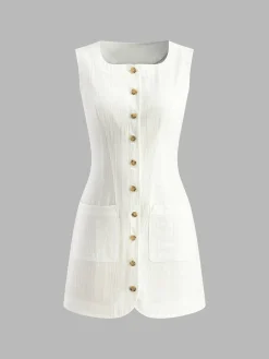 Sale Cotton Button-Front Short Dress Casual Dresses|Work Dresses