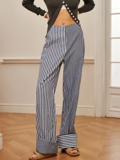 New Cotton Contrast Binding Pinstripe Pants Pants|Bottoms