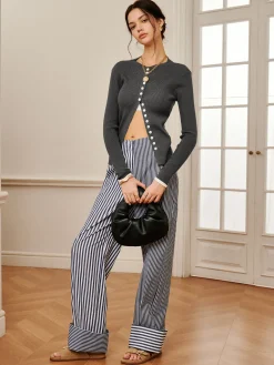 New Cotton Contrast Binding Pinstripe Pants Pants|Bottoms