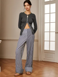 New Cotton Contrast Binding Pinstripe Pants Pants|Bottoms