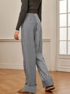 New Cotton Contrast Binding Pinstripe Pants Pants|Bottoms