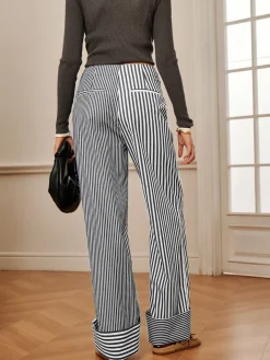 New Cotton Contrast Binding Pinstripe Pants Pants|Bottoms