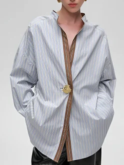 Outlet Cotton Contrast Trim Pinstripe Polo Shirt Blouses & Shirts|Tops