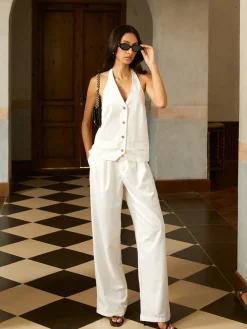 Cotton Halter Backless Button Tank Top Tank Tops & Camis|Tops