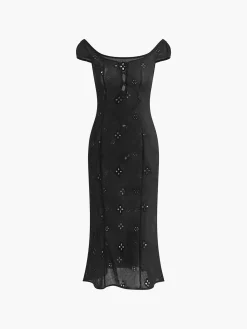 Sale Cotton Keyhole Neckline Midi Dress Black Dresses|Casual Dresses