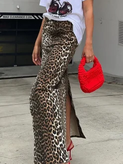 Online Cotton Leopard Print Split Midi Dress Skirts|Bottoms