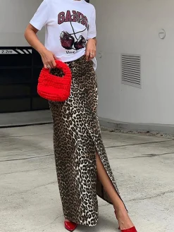 Online Cotton Leopard Print Split Midi Dress Skirts|Bottoms