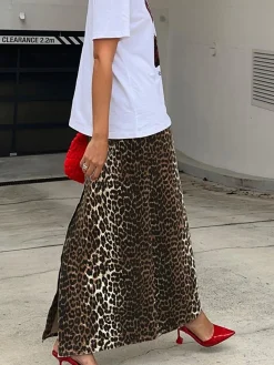 Online Cotton Leopard Print Split Midi Dress Skirts|Bottoms
