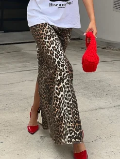 Online Cotton Leopard Print Split Midi Dress Skirts|Bottoms