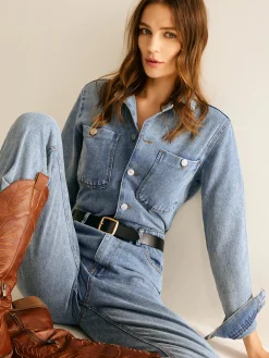 Online Cotton Long Sleeve Denim Jumpsuit Without Belt Denim|Bottoms