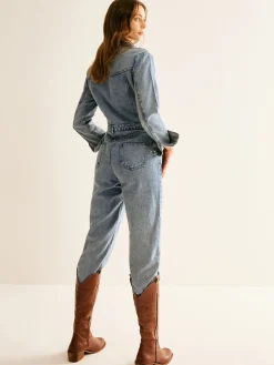 Online Cotton Long Sleeve Denim Jumpsuit Without Belt Denim|Bottoms