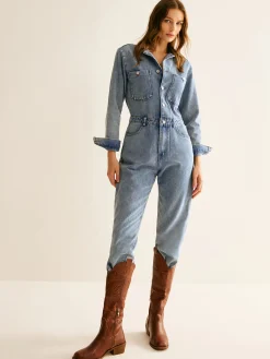 Online Cotton Long Sleeve Denim Jumpsuit Without Belt Denim|Bottoms