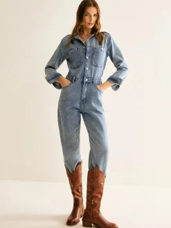 Online Cotton Long Sleeve Denim Jumpsuit Without Belt Denim|Bottoms