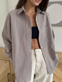 Online Cotton Plaid Lapel Versatile Shirt Blouses & Shirts|Tops