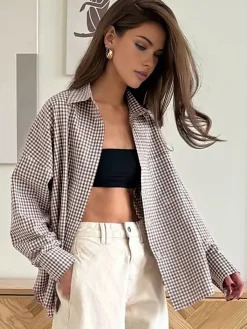 Online Cotton Plaid Lapel Versatile Shirt Blouses & Shirts|Tops