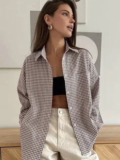 Online Cotton Plaid Lapel Versatile Shirt Blouses & Shirts|Tops
