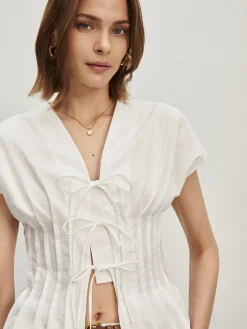New Cotton Pleated Knotted Blouse Blouses & Shirts|Tops