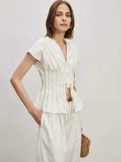New Cotton Pleated Knotted Blouse Blouses & Shirts|Tops