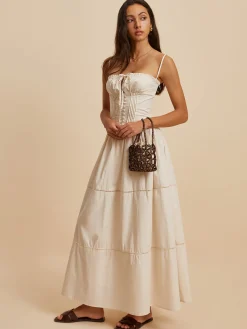 Outlet Cotton Pleated Low Cut Dress White Dresses|Casual Dresses