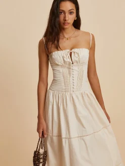 Outlet Cotton Pleated Low Cut Dress White Dresses|Casual Dresses