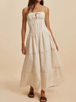 Outlet Cotton Pleated Low Cut Dress White Dresses|Casual Dresses