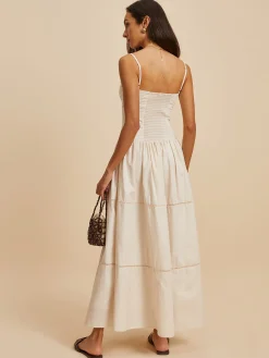 Outlet Cotton Pleated Low Cut Dress White Dresses|Casual Dresses