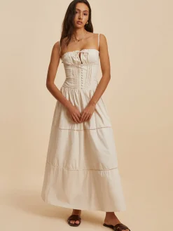 Outlet Cotton Pleated Low Cut Dress White Dresses|Casual Dresses