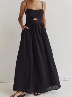 New Cotton Sleeveless Pockets Cutout Long Dress Black Dresses|Casual Dresses