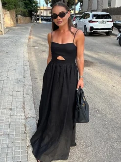 New Cotton Sleeveless Pockets Cutout Long Dress Black Dresses|Casual Dresses