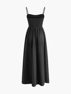 New Cotton Sleeveless Pockets Cutout Long Dress Black Dresses|Casual Dresses