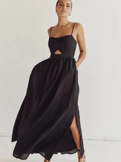 New Cotton Sleeveless Pockets Cutout Long Dress Black Dresses|Casual Dresses