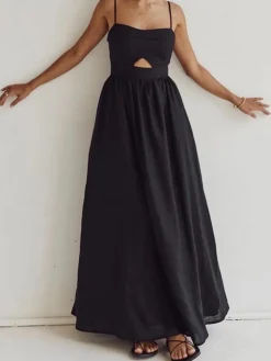 New Cotton Sleeveless Pockets Cutout Long Dress Black Dresses|Casual Dresses