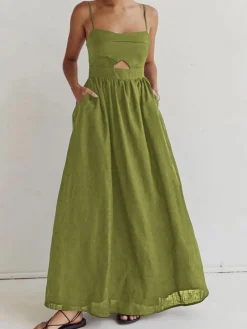 New Cotton Sleeveless Pockets Cutout Long Dress Black Dresses|Casual Dresses