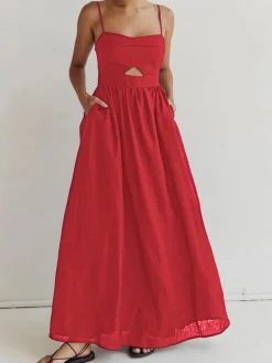 New Cotton Sleeveless Pockets Cutout Long Dress Black Dresses|Casual Dresses