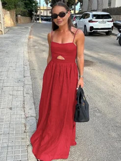 New Cotton Sleeveless Pockets Cutout Long Dress Black Dresses|Casual Dresses