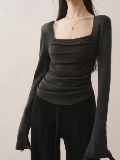 Cotton Square Neck Slim Sweater Sweater Tops|Sweaters & Cardigans