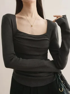 Cotton Square Neck Slim Sweater Sweater Tops|Sweaters & Cardigans