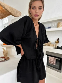 Hot Cotton Tie-Front Long Sleeve Shorts Set Shorts Sets|Shorts