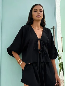 Hot Cotton Tie-Front Long Sleeve Shorts Set Shorts Sets|Shorts