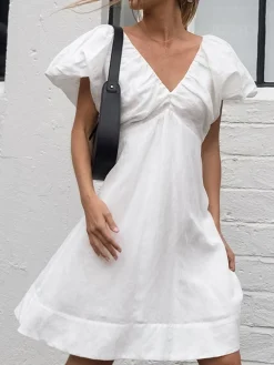 Discount Cotton V-Neck Puff Sleeves Backless Dress White Dresses|Casual Dresses