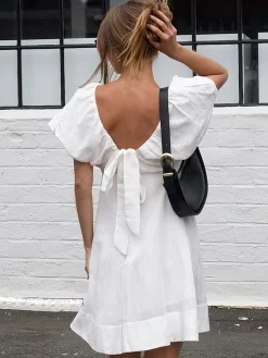 Discount Cotton V-Neck Puff Sleeves Backless Dress White Dresses|Casual Dresses