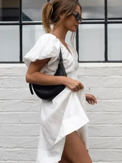 Discount Cotton V-Neck Puff Sleeves Backless Dress White Dresses|Casual Dresses