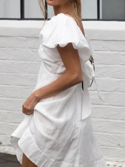 Discount Cotton V-Neck Puff Sleeves Backless Dress White Dresses|Casual Dresses