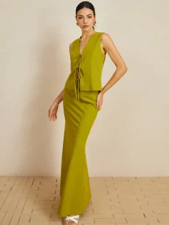 Sale Cotton V-Neck Tie Front Skirt Set Skirt Sets|Long Sleeve Sets