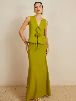 Sale Cotton V-Neck Tie Front Skirt Set Skirt Sets|Long Sleeve Sets