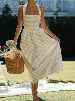Countryside Plaid Print Halter Criss Cross Long Dress White Dresses|Casual Dresses