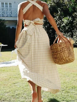 Countryside Plaid Print Halter Criss Cross Long Dress White Dresses|Casual Dresses